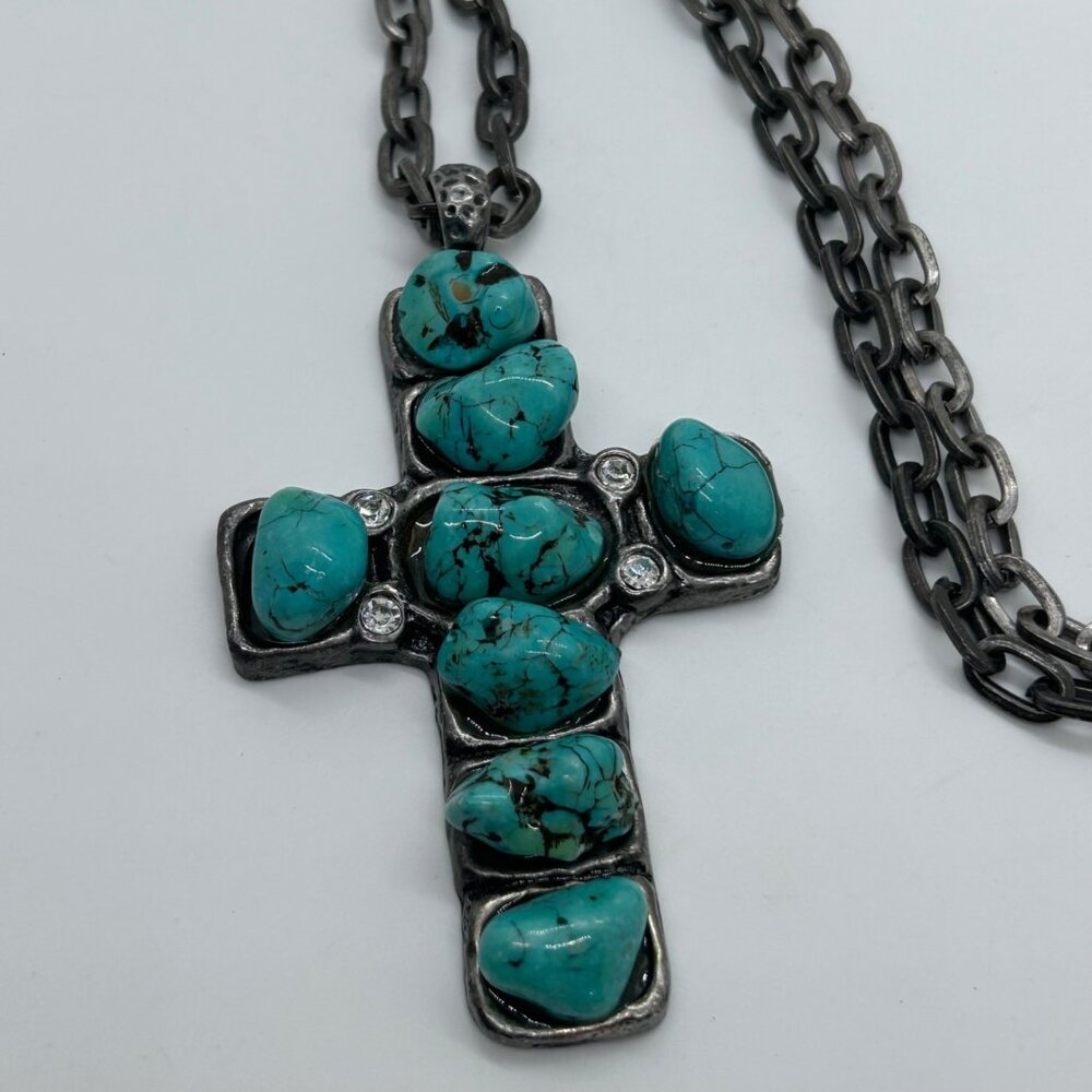 Turquoise Color Stone Cross Pendant Silver Tone Necklace Southwestern Boho - Picture 5 of 16